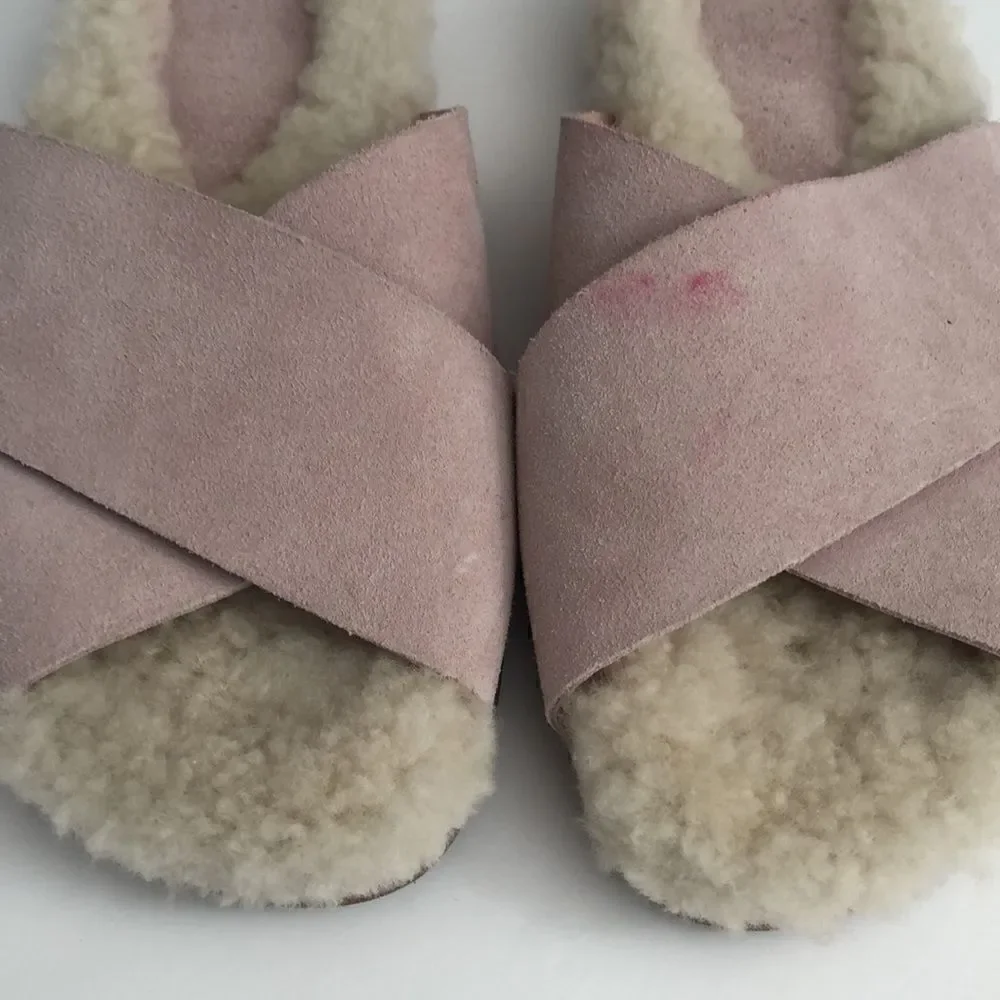 Marc Fisher slip on shearling wool and pink suede open toe ship on shoes MLCANNA